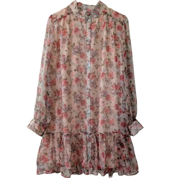 Ivy City Co. Eleanor Pink Sheer Floral Ruffle Knee Length Mini Dress Women's M - Picture 3 of 7